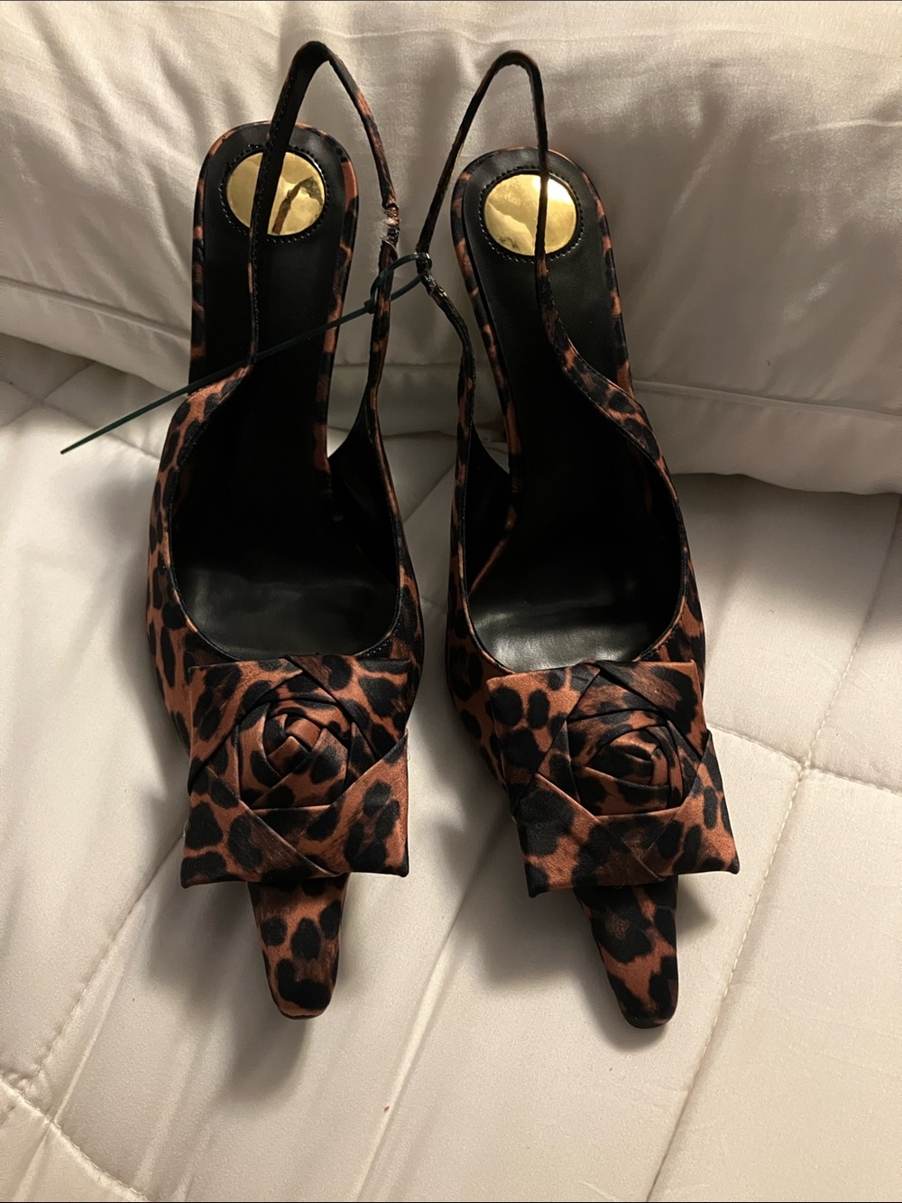 Leopard Print Slingback Heels with Rosette Detail - Brown